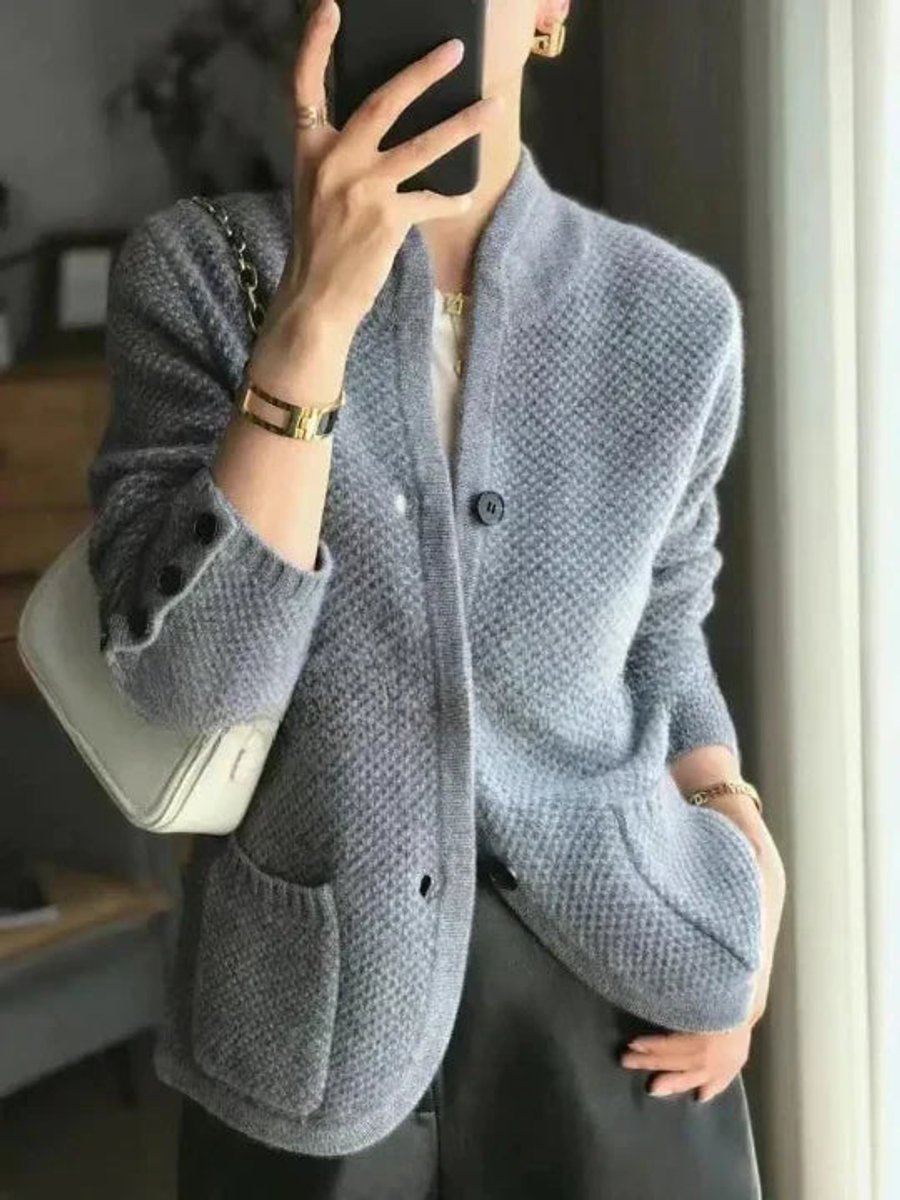 Damen Kaschmirwolle Strickjacke Cardigan mit Knopfleiste - Blau