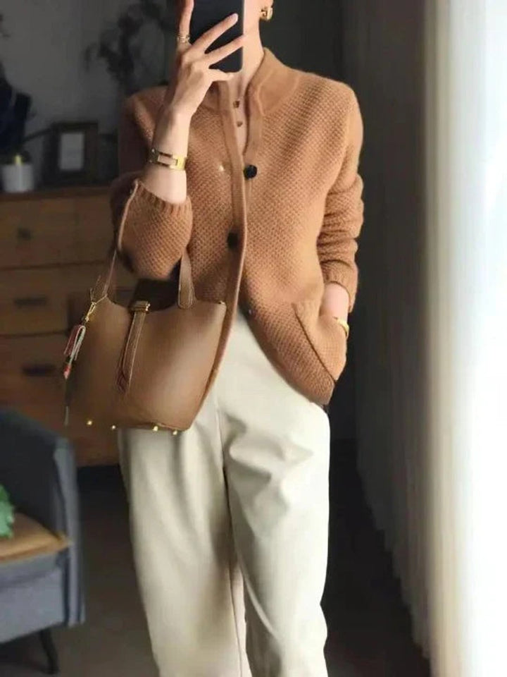 Damen Kaschmirwolle Strickjacke Cardigan mit Knopfleiste - Braun