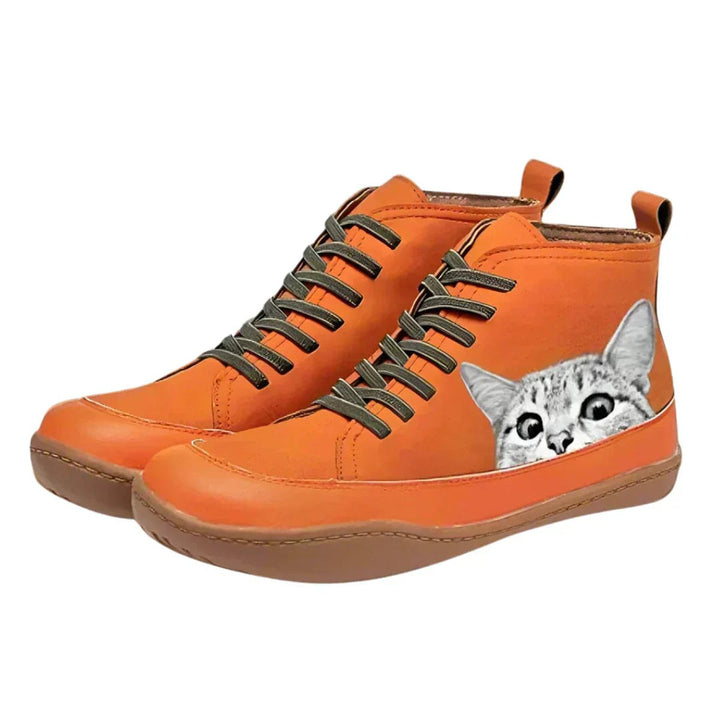Damen Katzenmotiv Schnürsenkel Leder Ankle Boots - Orange