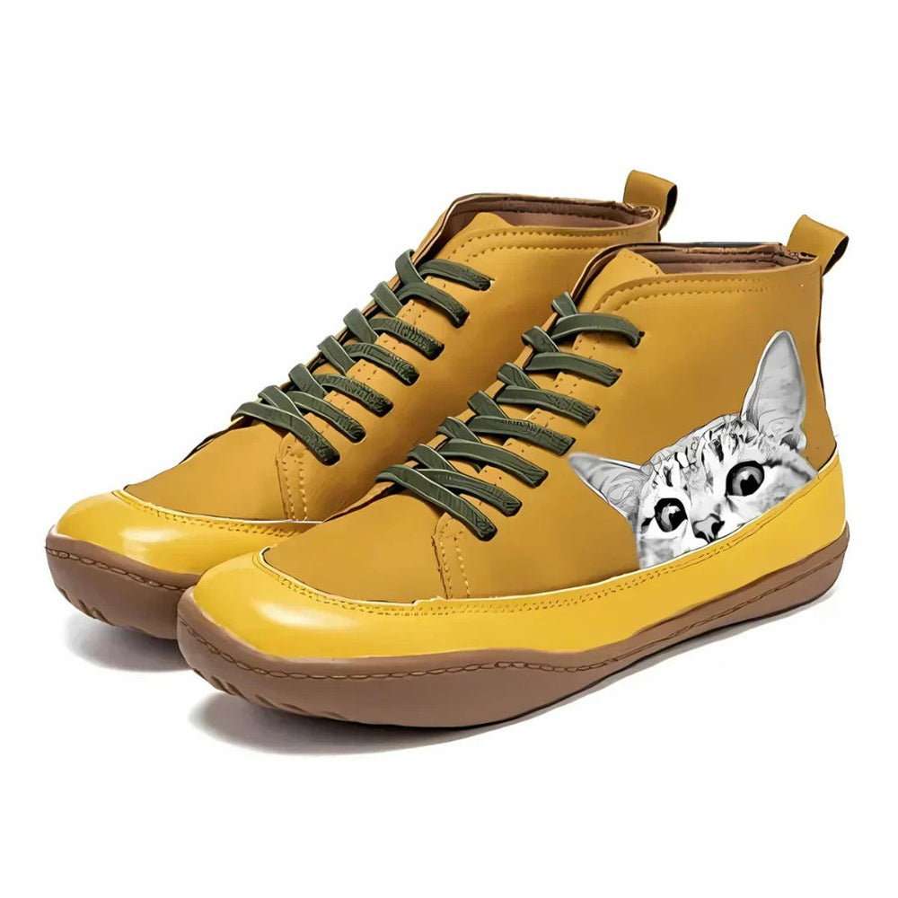Damen Katzenmotiv Schnürsenkel Leder Ankle Boots - Gelb