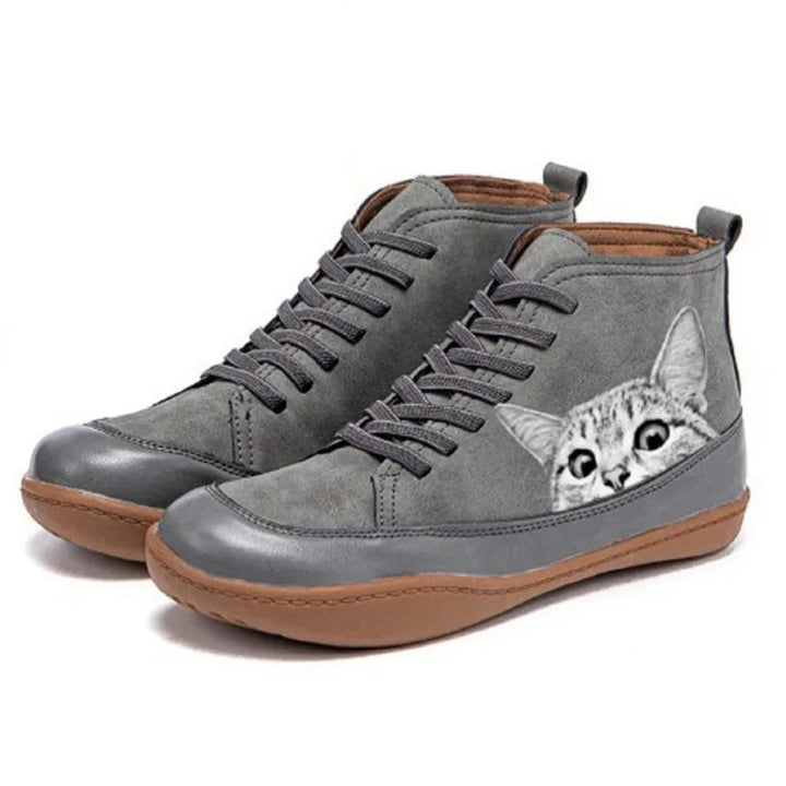 Damen Katzenmotiv Schnürsenkel Leder Ankle Boots - Grau