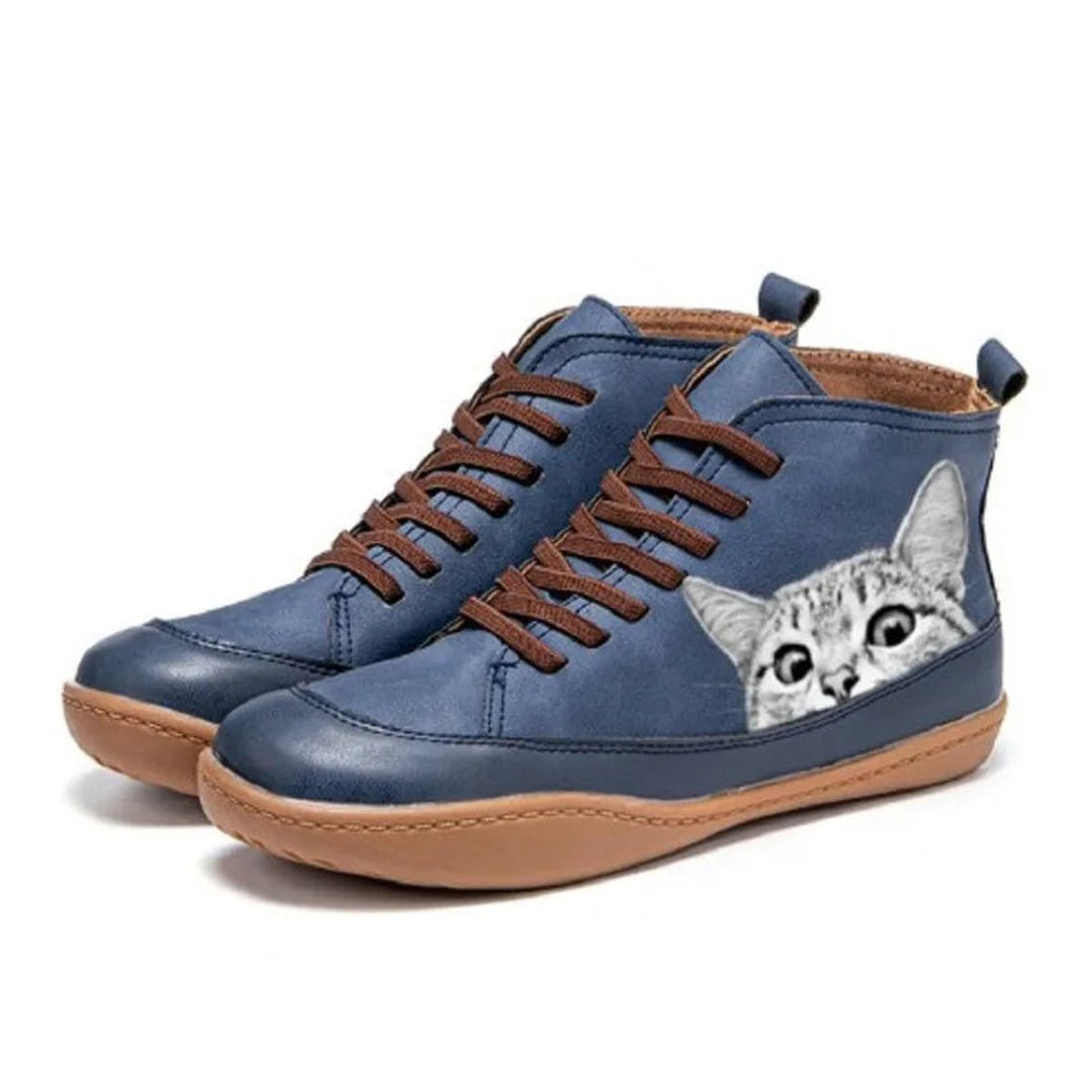Damen Katzenmotiv Schnürsenkel Leder Ankle Boots - Blau