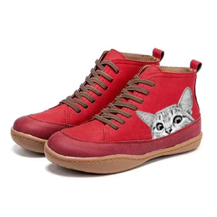Damen Katzenmotiv Schnürsenkel Leder Ankle Boots - Rot
