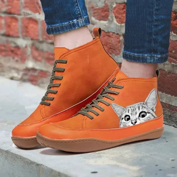 Damen Katzenmotiv Schnürsenkel Leder Ankle Boots
