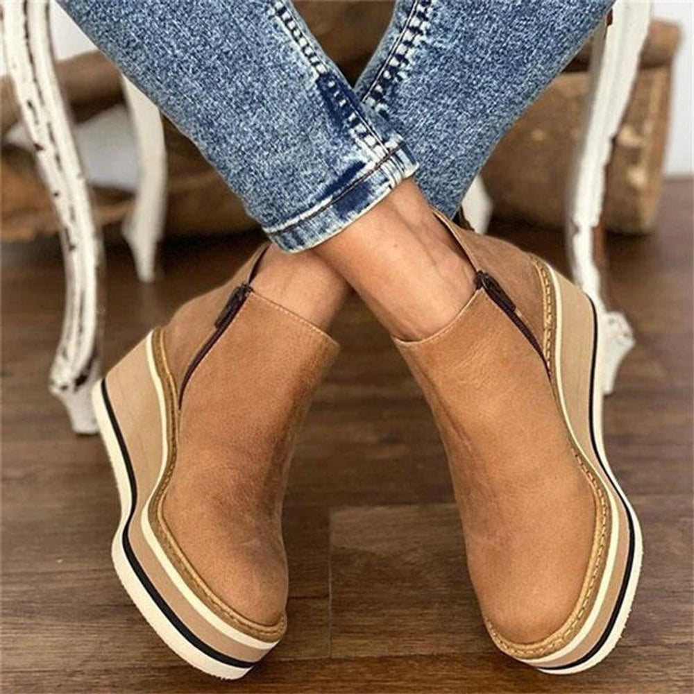 Damen Keilabsatz Ankle Boots mit Plateau und Reißverschluss