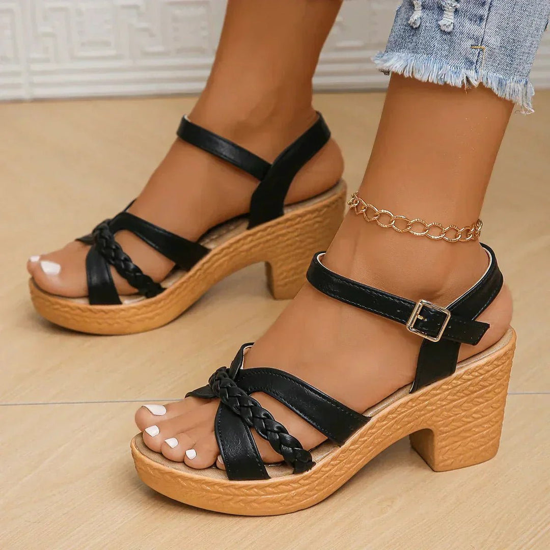 Damen Keilabsatz-Sandalen geflochtene Riemen Knöchelschnalle - Black (Almost sold out)