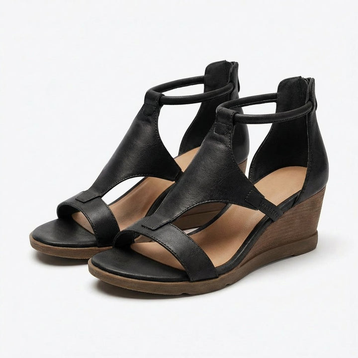 Damen Keilsandaletten Offene Zehenpartie Knöchelriemen Casual - Negro