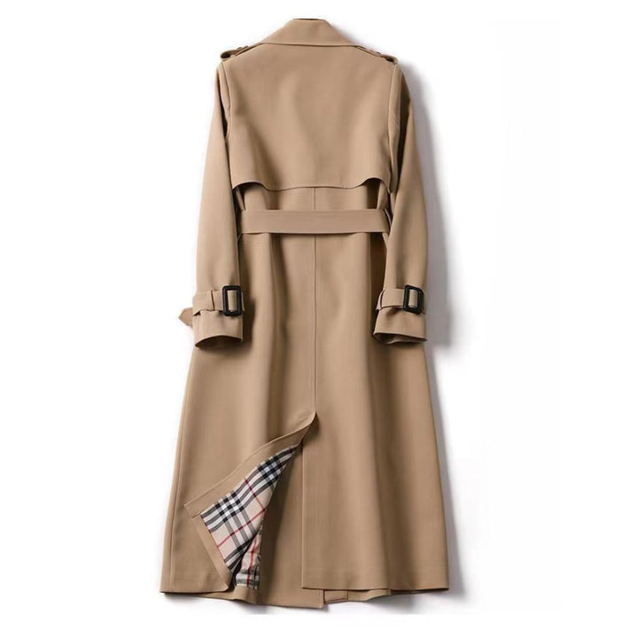 Damen Klassischer Doppelreihiger Trenchcoat mit Karogefüttertem Gürtel