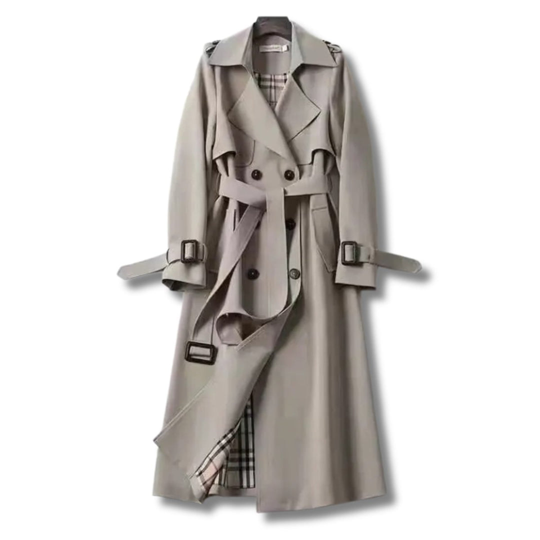 Damen Klassischer Doppelreihiger Trenchcoat mit Karogefüttertem Gürtel - Grau