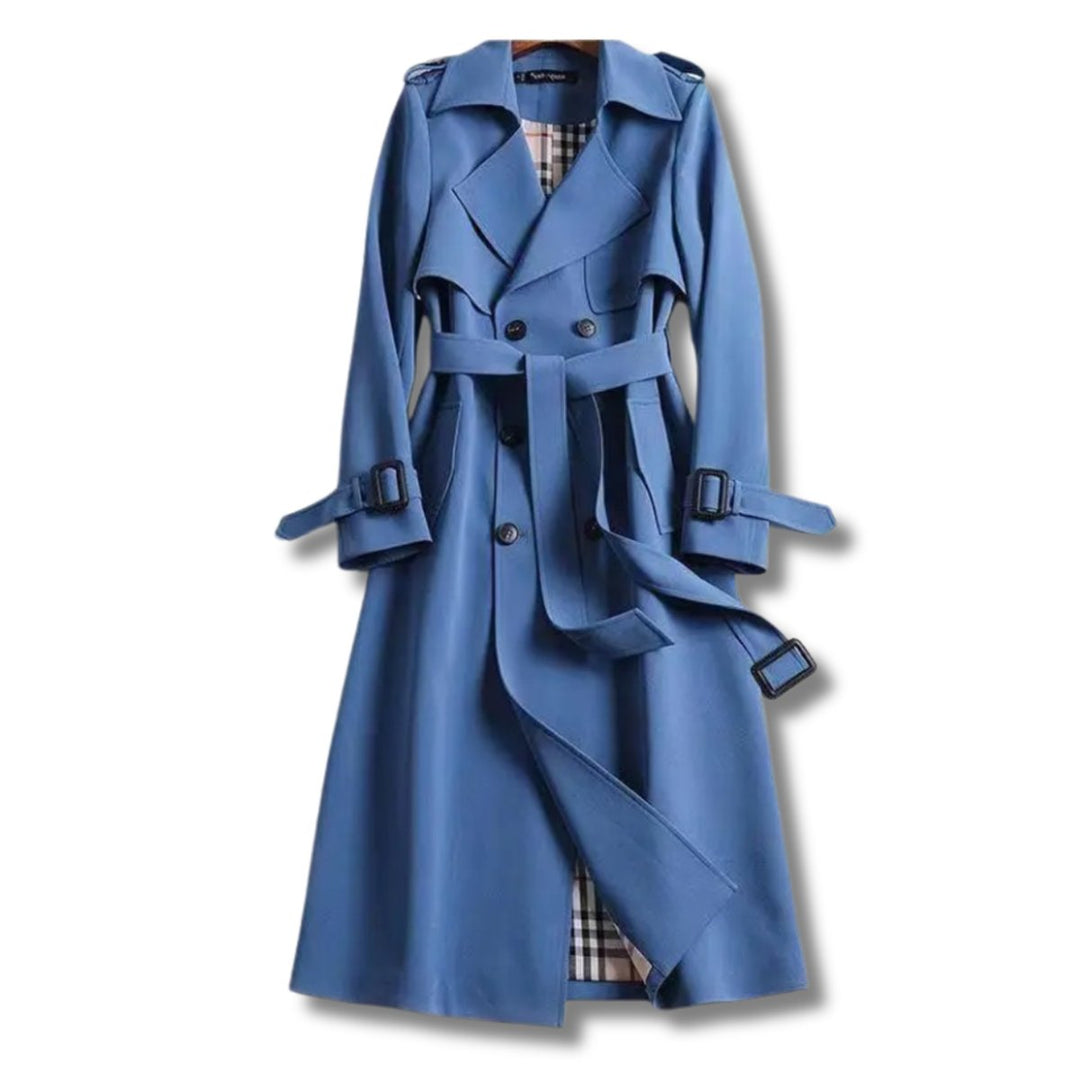 Damen Klassischer Doppelreihiger Trenchcoat mit Karogefüttertem Gürtel - Blau