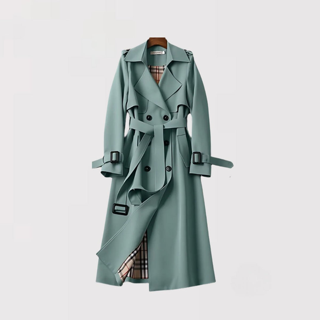 Damen Klassischer Doppelreihiger Trenchcoat mit Karogefüttertem Gürtel - Salbeigrün