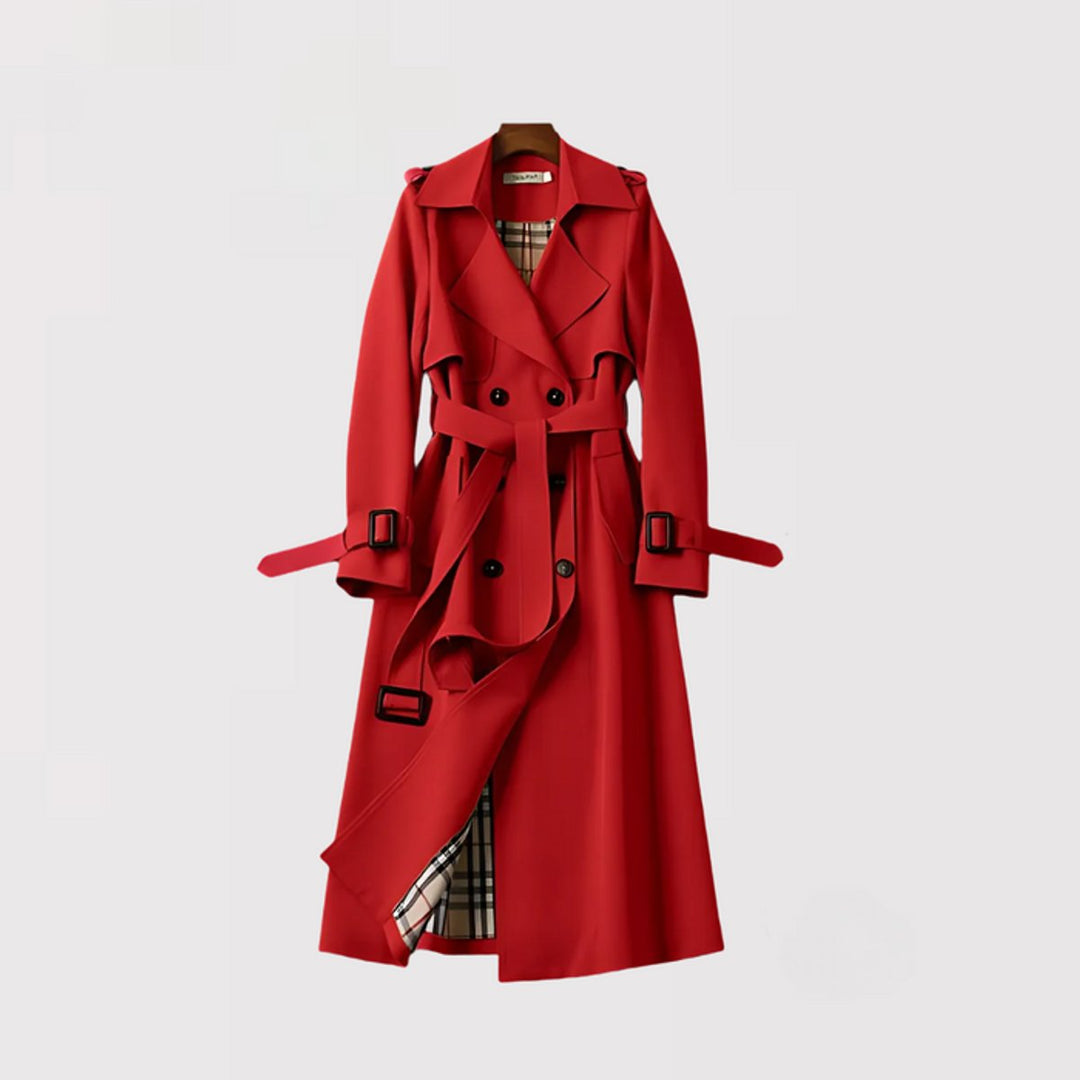 Damen Klassischer Doppelreihiger Trenchcoat mit Karogefüttertem Gürtel - Bordeaux