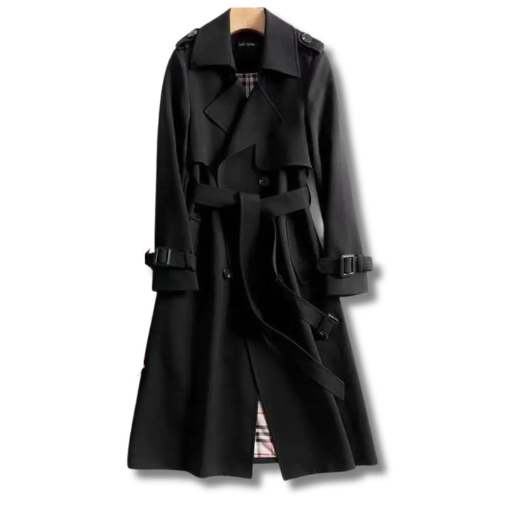 Damen Klassischer Doppelreihiger Trenchcoat mit Karogefüttertem Gürtel - Schwarz