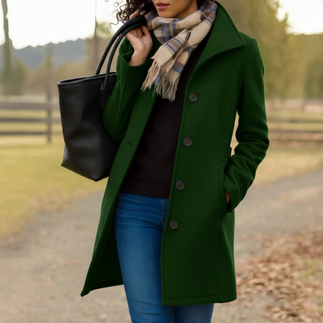 Damen Klassischer Mid-Length Knopfmantel Eleganter Women Coat - Dunkelgrün