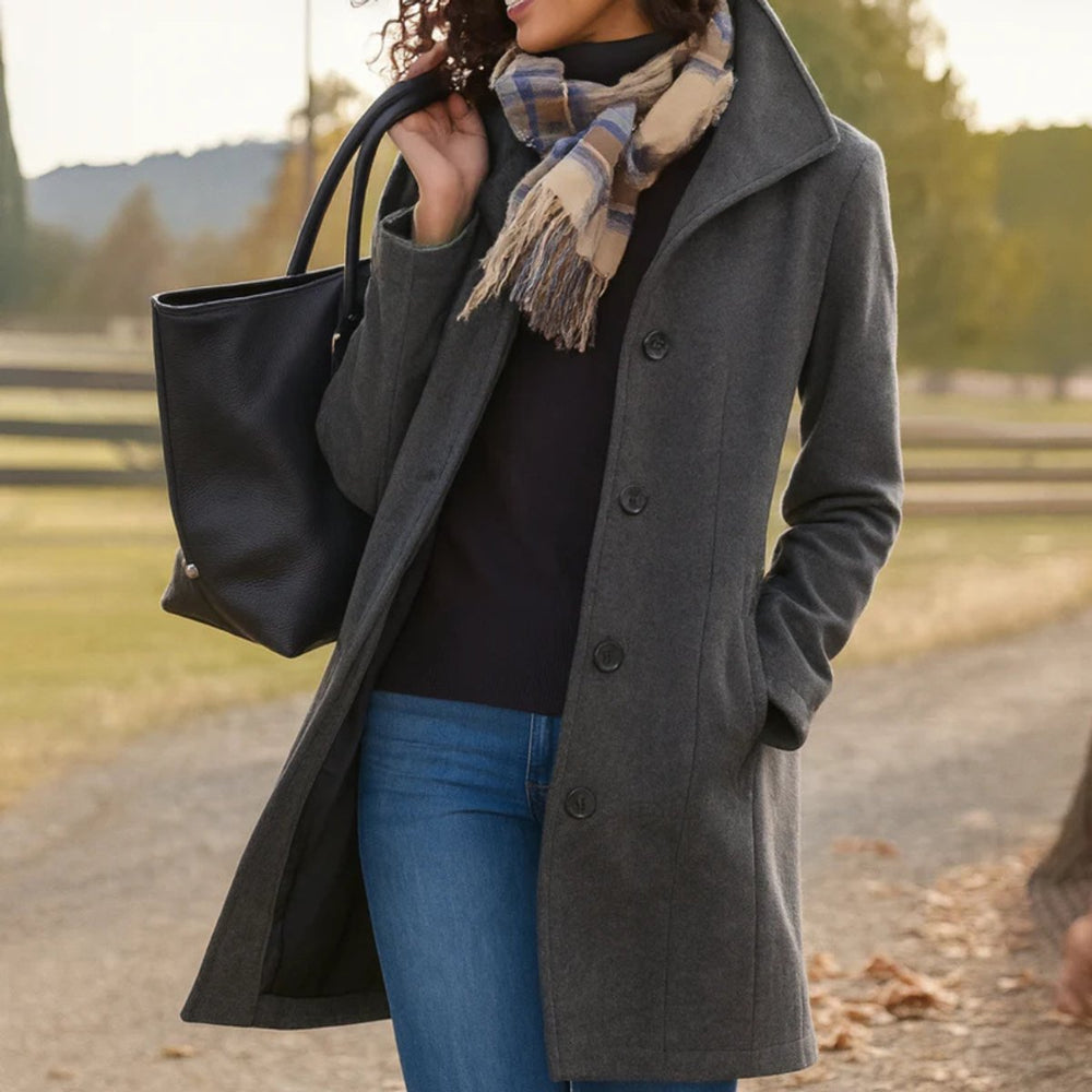 Damen Klassischer Mid-Length Knopfmantel Eleganter Women Coat - Grau