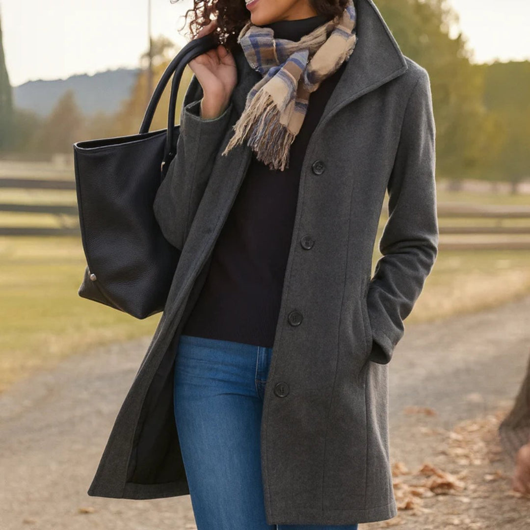 Damen Klassischer Mid-Length Knopfmantel Eleganter Women Coat - Grau