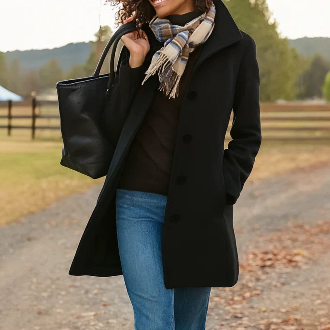 Damen Klassischer Mid-Length Knopfmantel Eleganter Women Coat - Schwarz