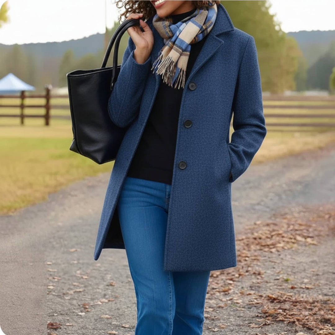Damen Klassischer Mid-Length Knopfmantel Eleganter Women Coat - Blau