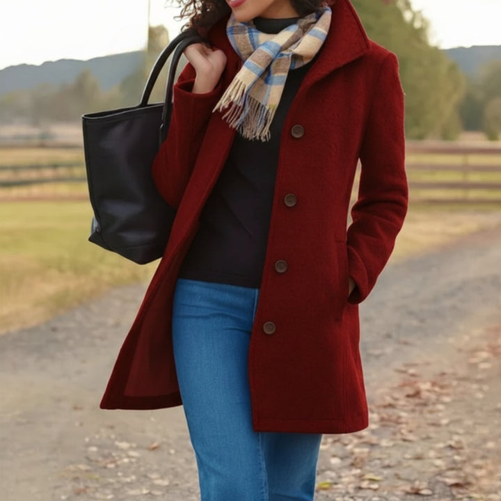 Damen Klassischer Mid-Length Knopfmantel Eleganter Women Coat - Rot