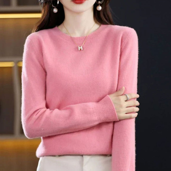 Damen Klassischer Rundhals Langarm Strickpullover Cashmere-Soft - Rosa
