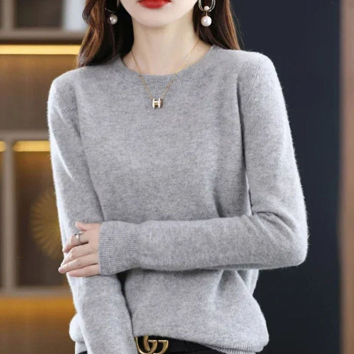 Damen Klassischer Rundhals Langarm Strickpullover Cashmere-Soft - Grau
