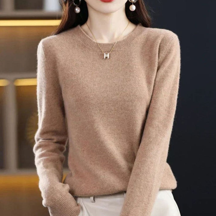Damen Klassischer Rundhals Langarm Strickpullover Cashmere-Soft - Tiefes Kamelbraun