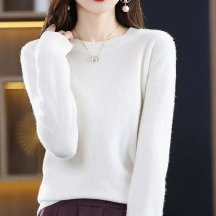 Damen Klassischer Rundhals Langarm Strickpullover Cashmere-Soft - Weiß