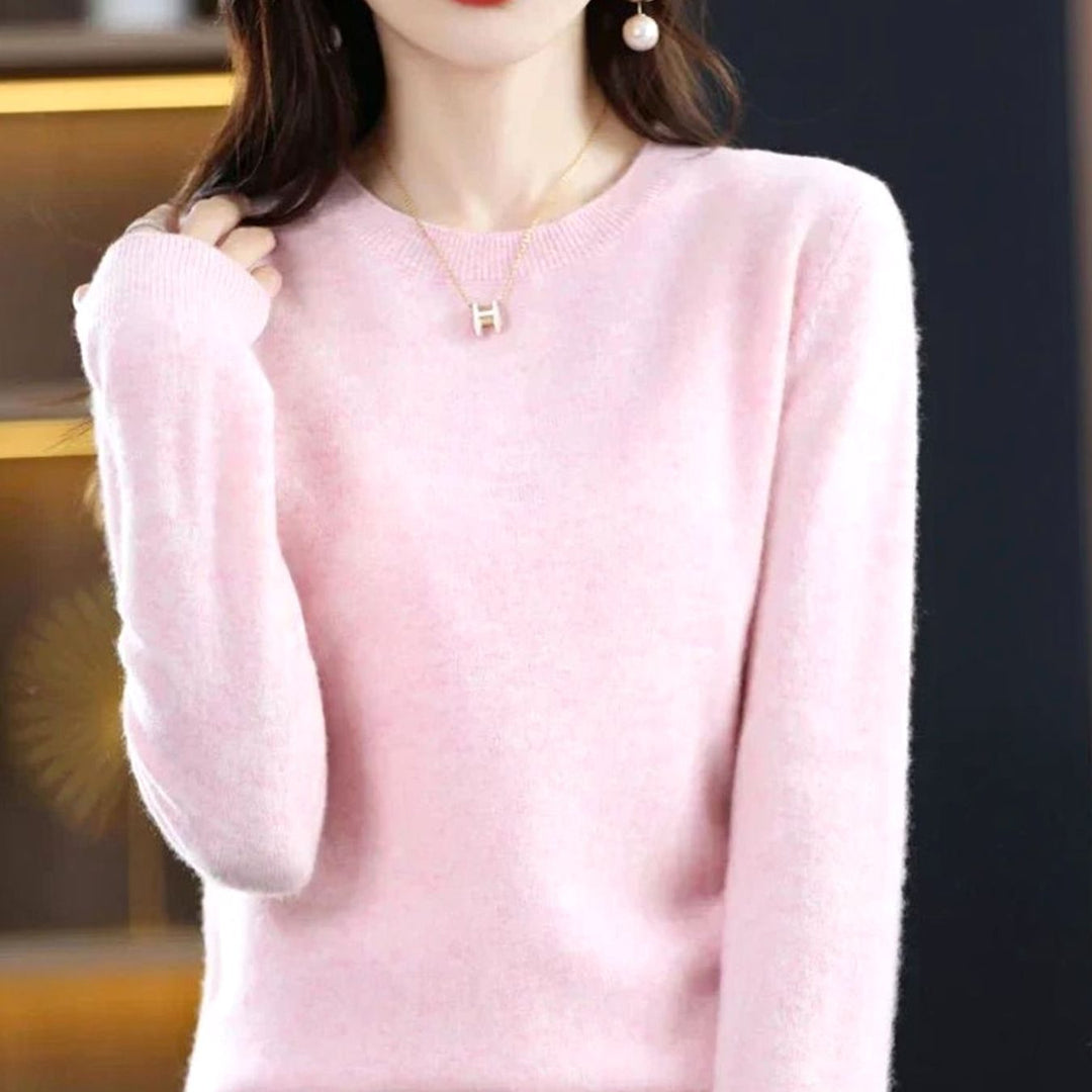 Damen Klassischer Rundhals Langarm Strickpullover Cashmere-Soft - Hellrosa