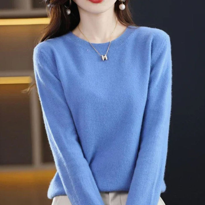 Damen Klassischer Rundhals Langarm Strickpullover Cashmere-Soft - Blau