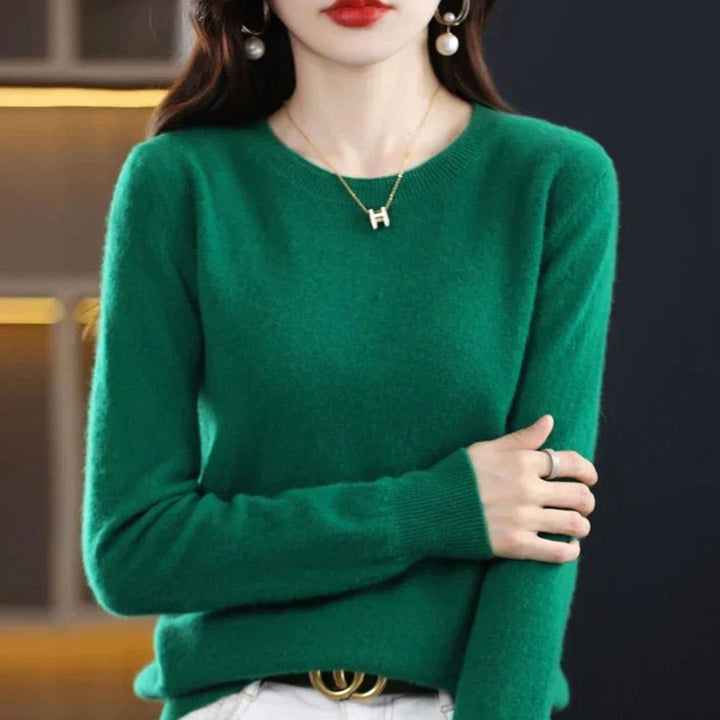 Damen Klassischer Rundhals Langarm Strickpullover Cashmere-Soft - Dunkelgrün