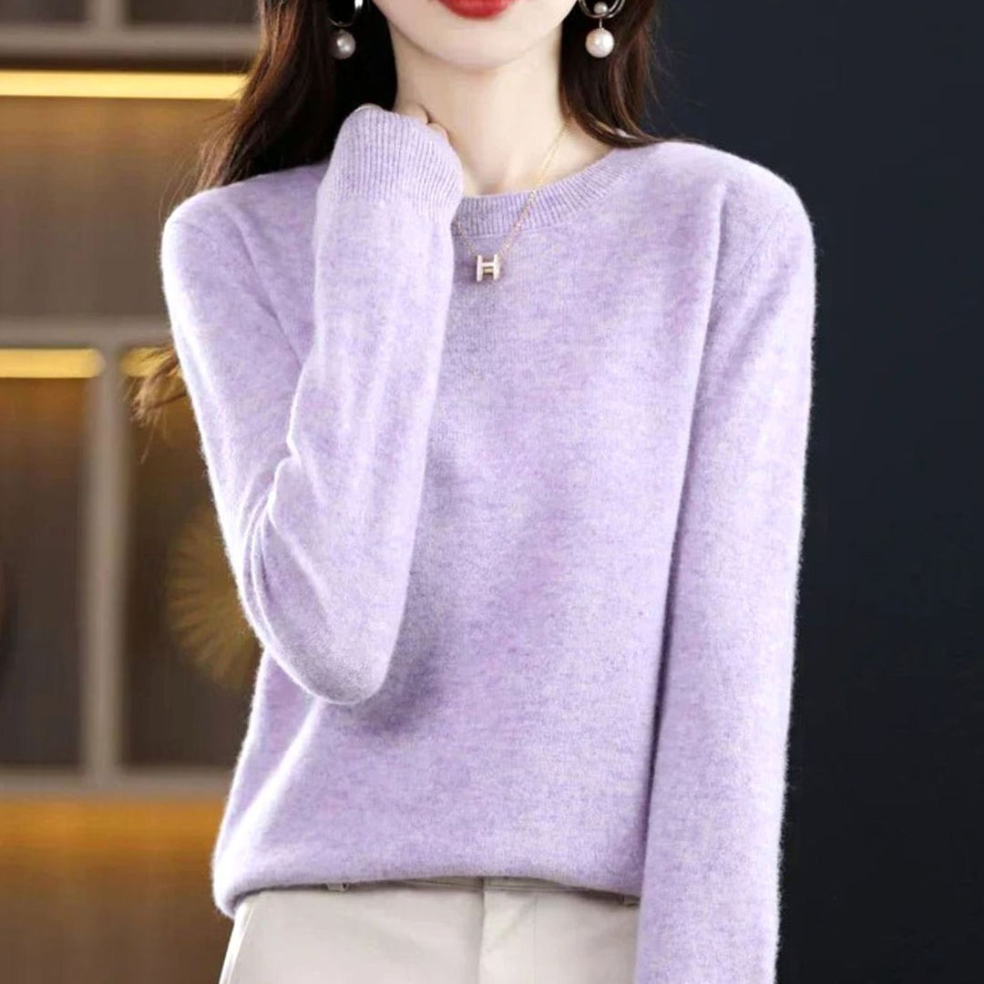Damen Klassischer Rundhals Langarm Strickpullover Cashmere-Soft - Hellviolett