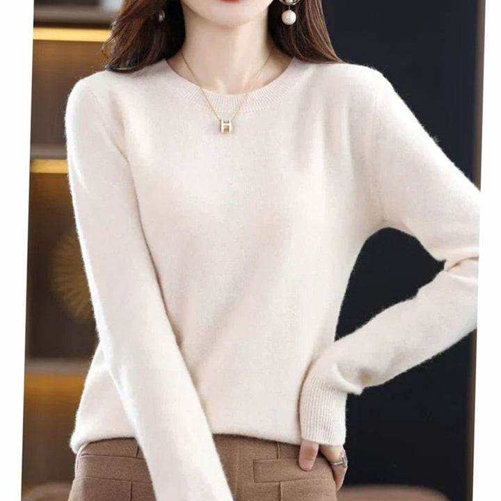 Damen Klassischer Rundhals Langarm Strickpullover Cashmere-Soft - Beige
