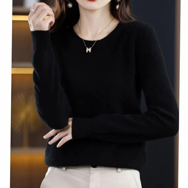 Damen Klassischer Rundhals Langarm Strickpullover Cashmere-Soft - Schwarz