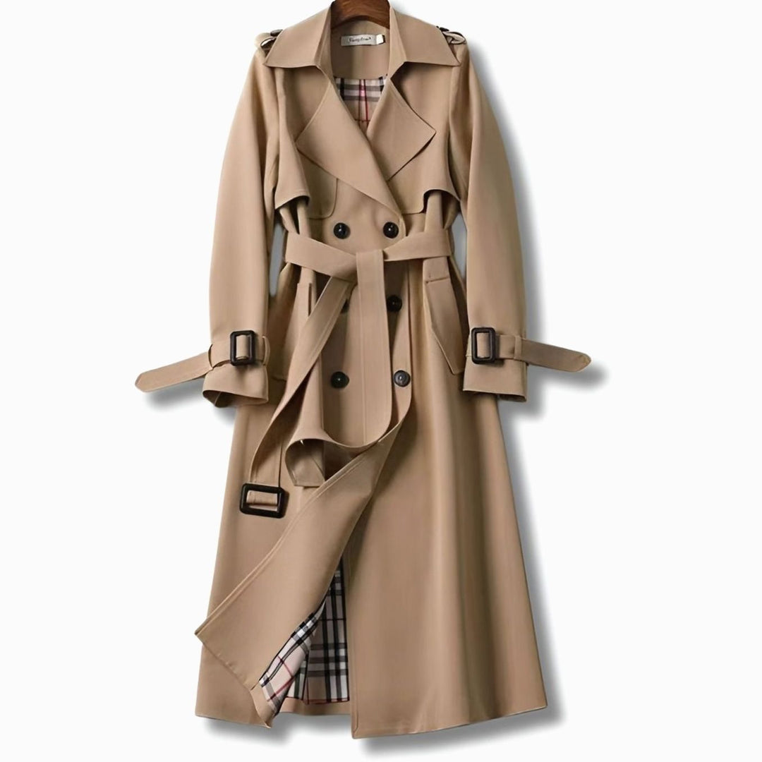 Damen Klassischer Taillierter Trenchcoat für den Winter mit Gürtel - Khaki