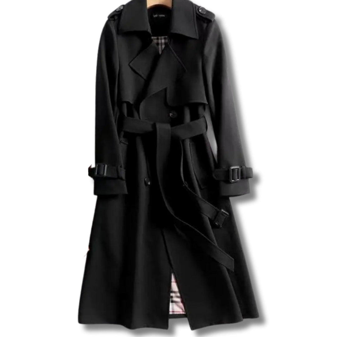 Damen Klassischer Taillierter Trenchcoat für den Winter mit Gürtel - Schwarz