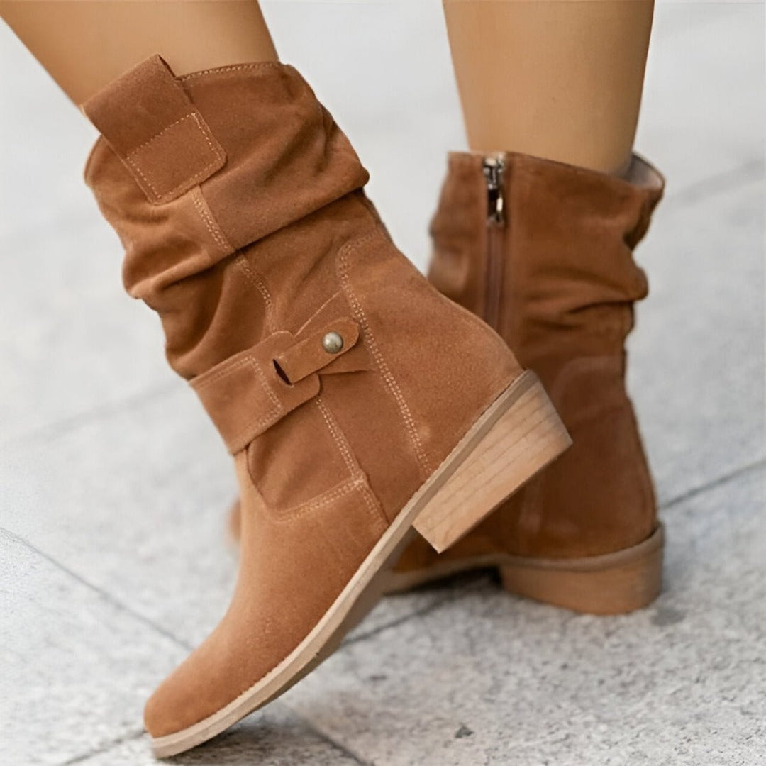 Damen Knee High Boots Wildlederimitat Schlupfstiefel mit Blockabsatz - Braun