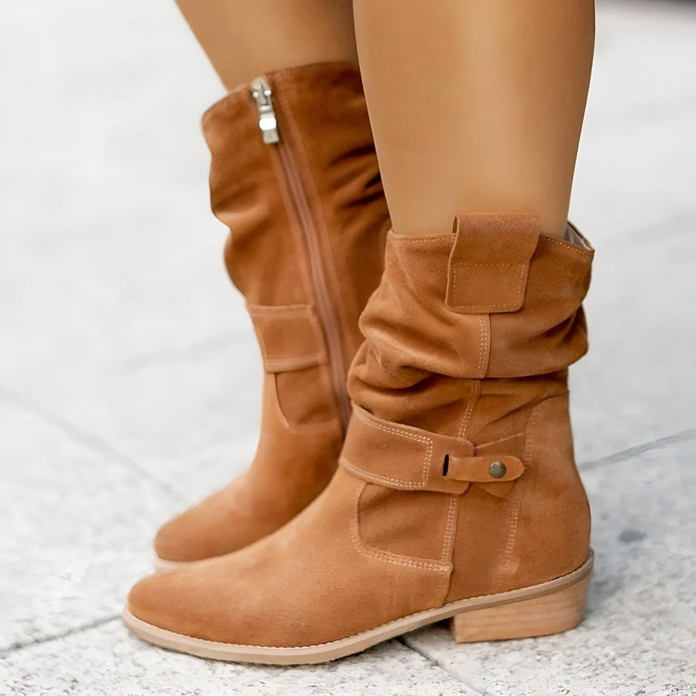 Damen Knee High Boots Wildlederimitat Schlupfstiefel mit Blockabsatz