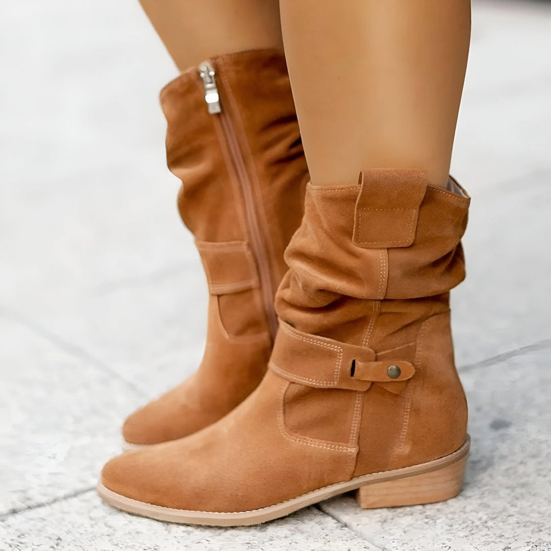 Damen Knee High Boots Wildlederimitat Schlupfstiefel mit Blockabsatz