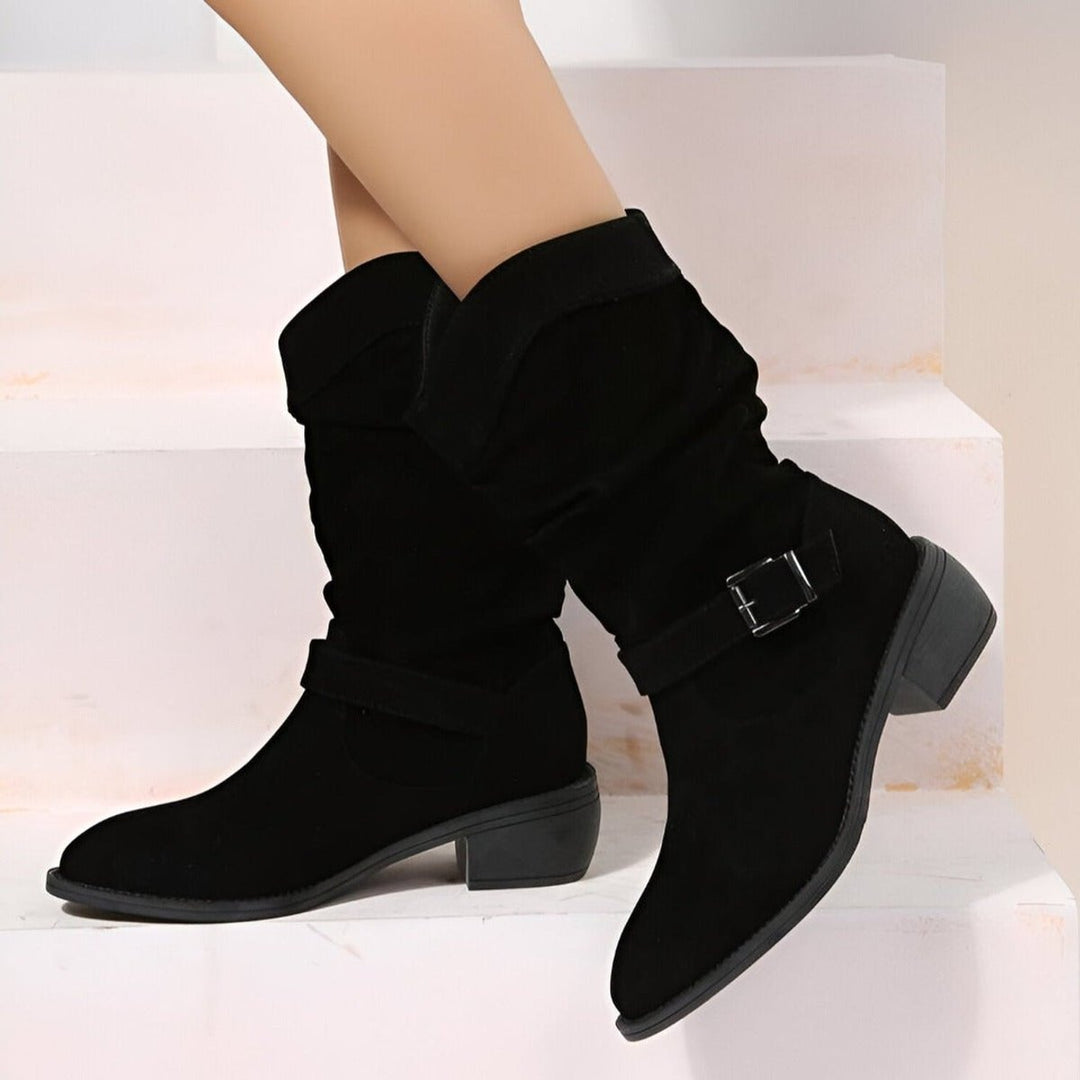 Damen Knee High Boots Wildlederimitat Schlupfstiefel mit Blockabsatz - Schwarz