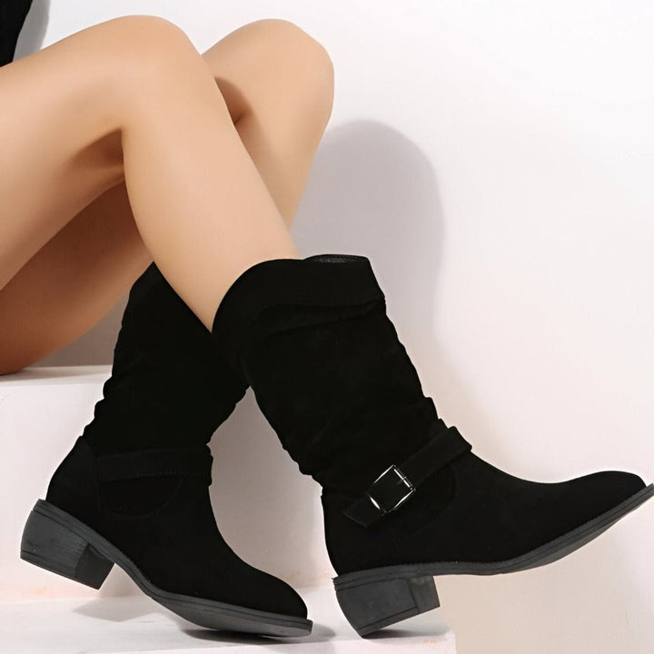 Damen Knee High Boots Wildlederimitat Schlupfstiefel mit Blockabsatz