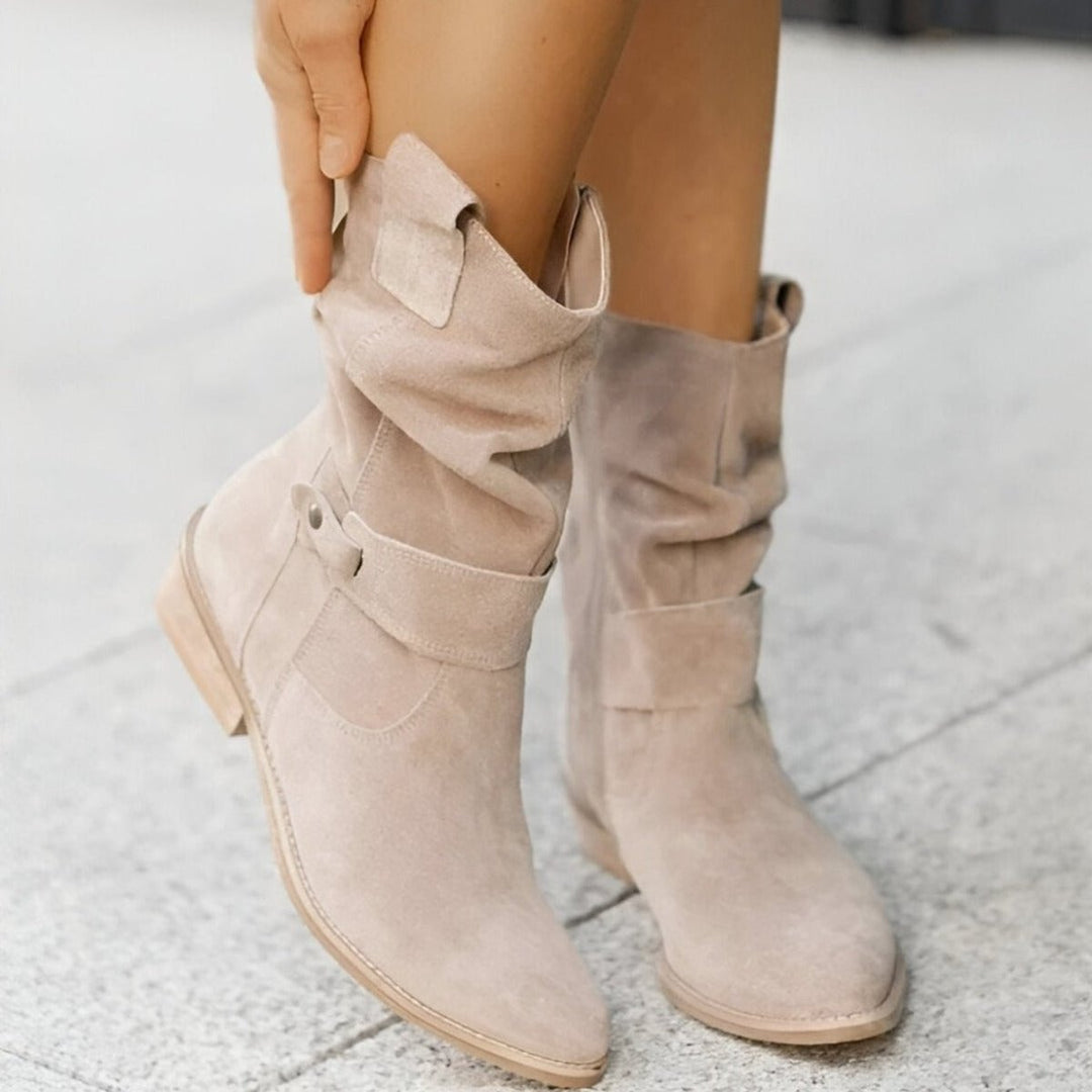 Damen Knee High Boots Wildlederimitat Schlupfstiefel mit Blockabsatz