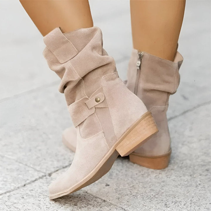 Damen Knee High Boots Wildlederimitat Schlupfstiefel mit Blockabsatz - Beige