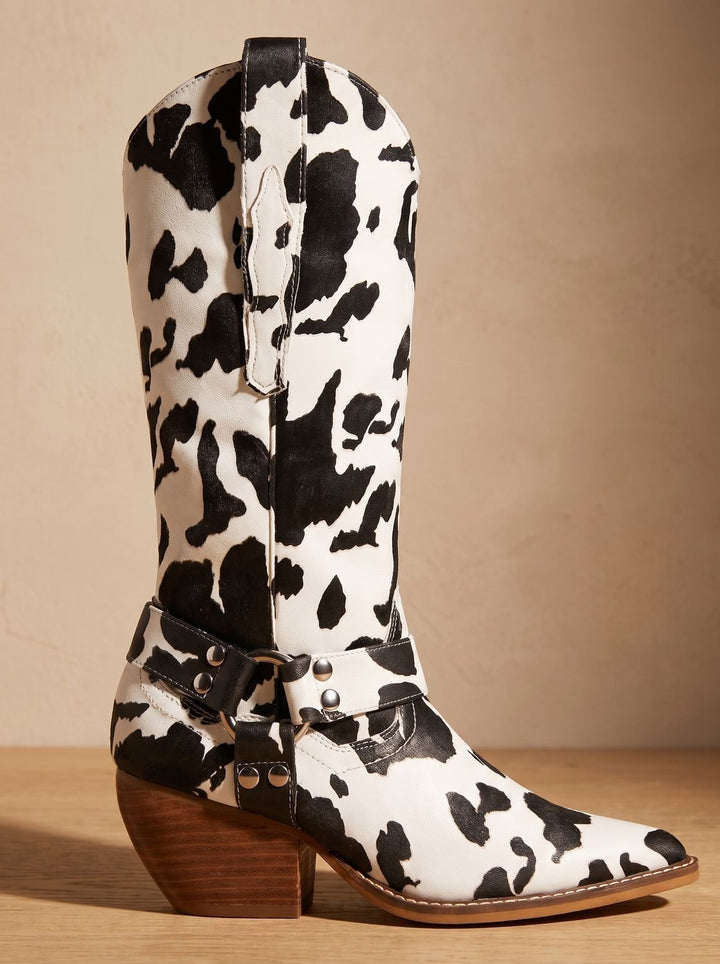 Damen Kniehohe Cowboy-Boots mit Kuhprint Blockabsatz Spitzer Zehenkappe