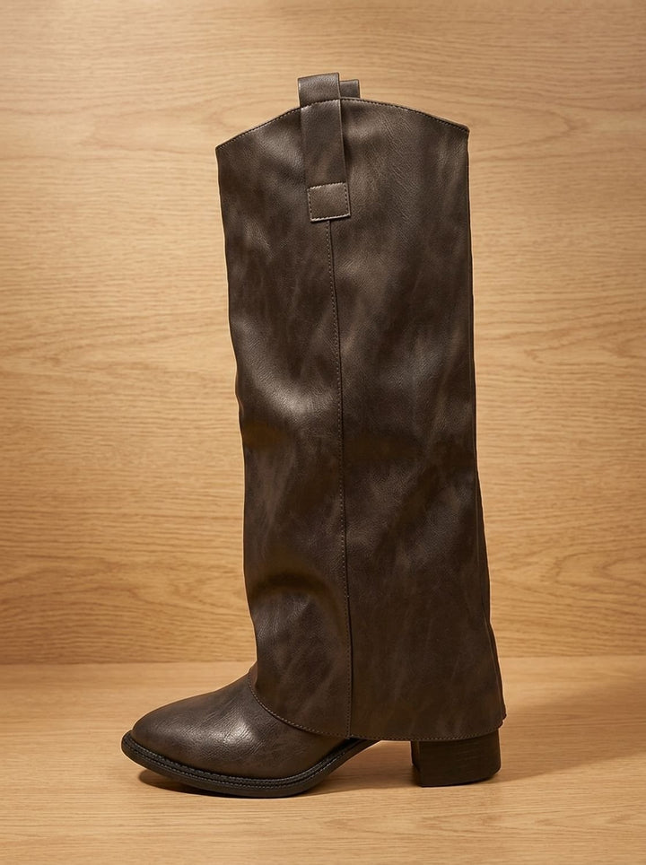 Damen Kniehohe Kunstleder-Stiefel mit Blockabsatz und Schlupfschaft