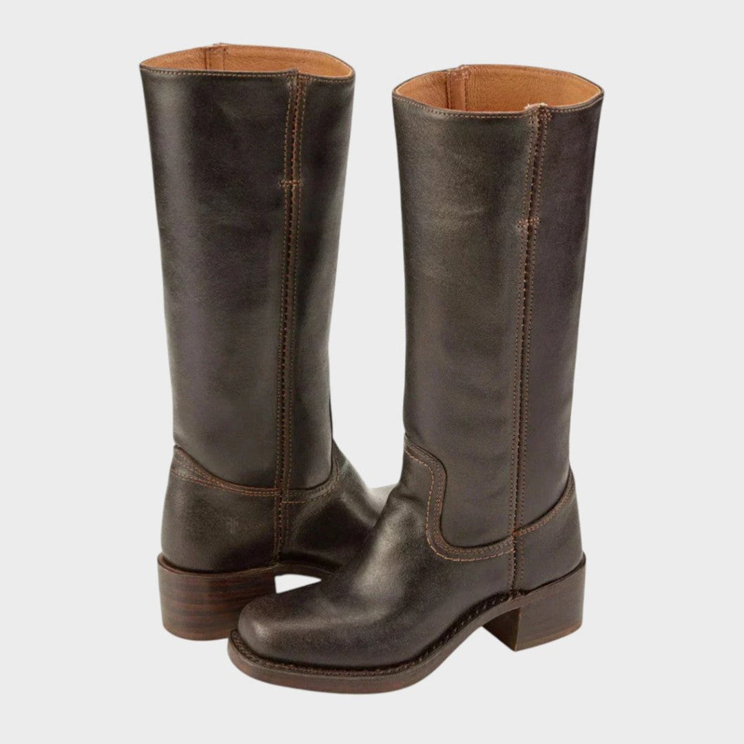 Damen Kniehohe Lederstiefel im klassischen Western-Stil - Dunkelbraun