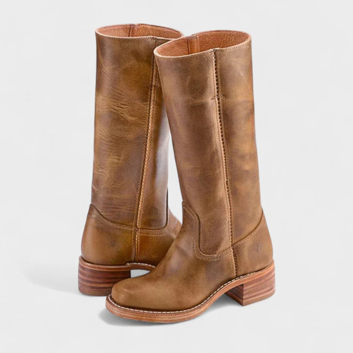 Damen Kniehohe Lederstiefel im klassischen Western-Stil - Hellbraun