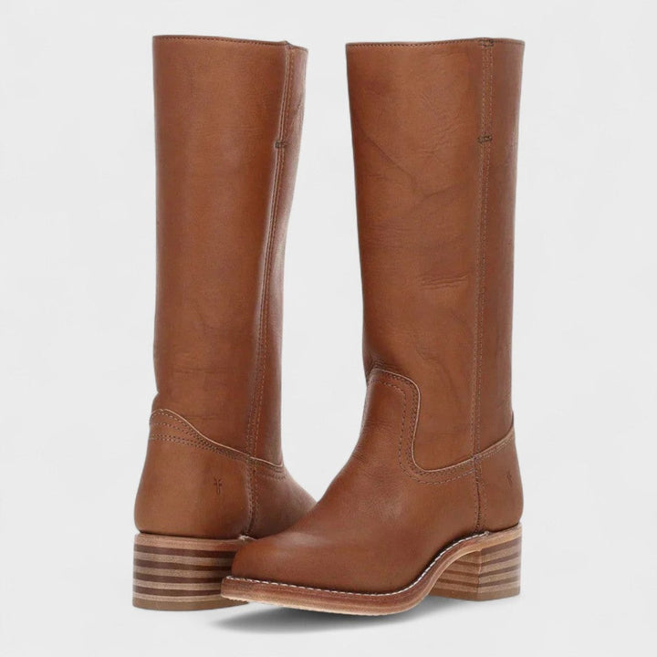Damen Kniehohe Lederstiefel im klassischen Western-Stil - Braun