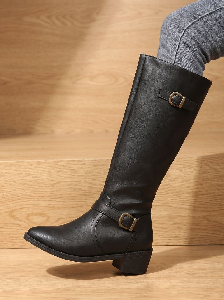 Damen Kniehohe Reitstiefel mit Blockabsatz Schnalle und Reißverschluss, Black - Schwarz