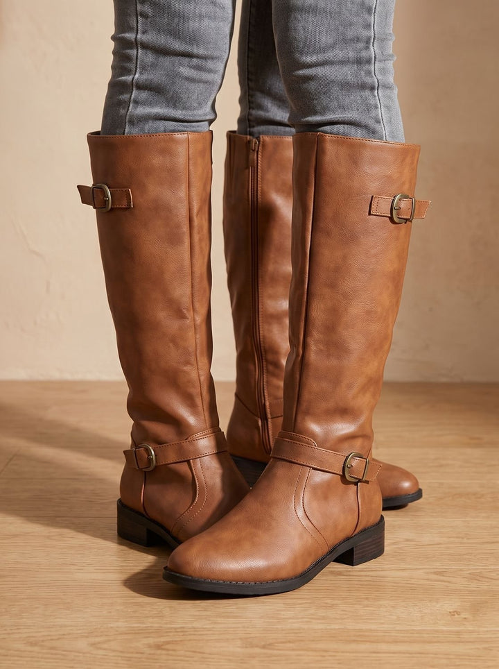 Damen Kniehohe Reitstiefel mit Blockabsatz Schnalle und Reißverschluss, Black
