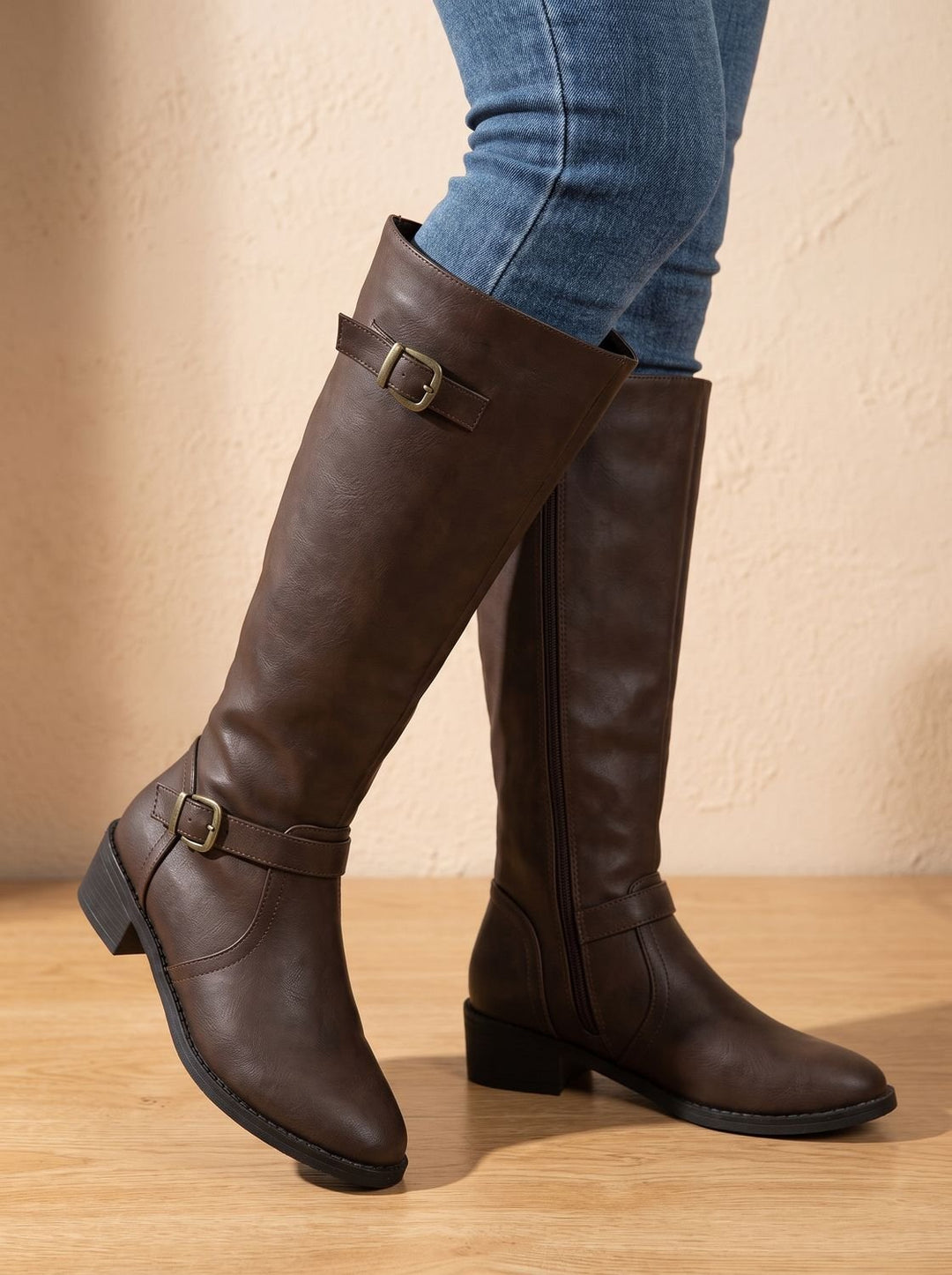 Damen Kniehohe Reitstiefel mit Blockabsatz Schnalle und Reißverschluss, Black